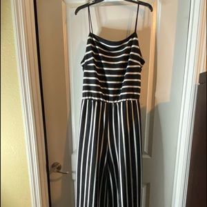 2X Black & White Striped Capri Flair-leg Jumpsuit